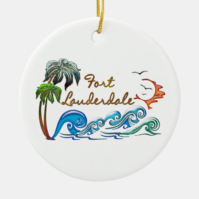 3d Palms, Waves & Sunset FORT LAUDERDALE Ceramic Ornament (Front)
