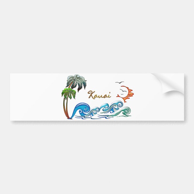 3d Palms, Waves & Sunset KAUAI Bumper Sticker (Front)