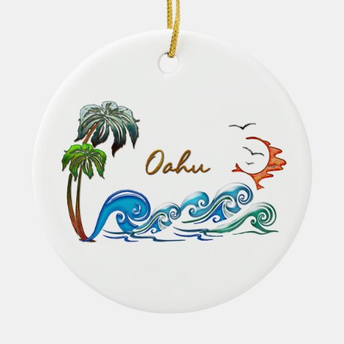 3d Palms Waves  Sunset OAHU Ceramic Ornament