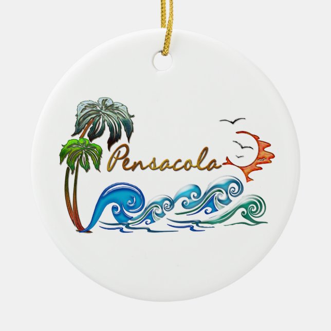 3d Palms, Waves & Sunset PENSACOLA Ceramic Ornament (Front)