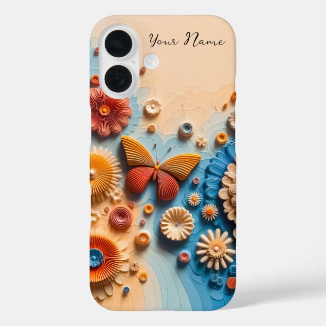 3D Paper Art Butterfly and Flowers iPhone 16 Case (Back)