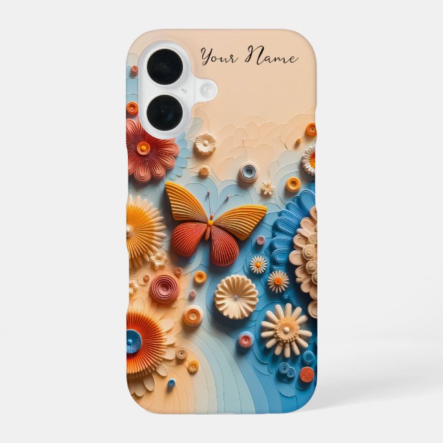 3D Paper Art Butterfly and Flowers iPhone 16 Case (Back)