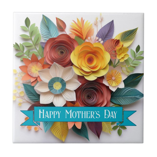 3D Paper Art Floral Mother's Day Ceramic Tile (Front)