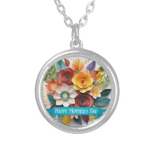3D Paper Art Floral Mother's Day Silver Plated Necklace