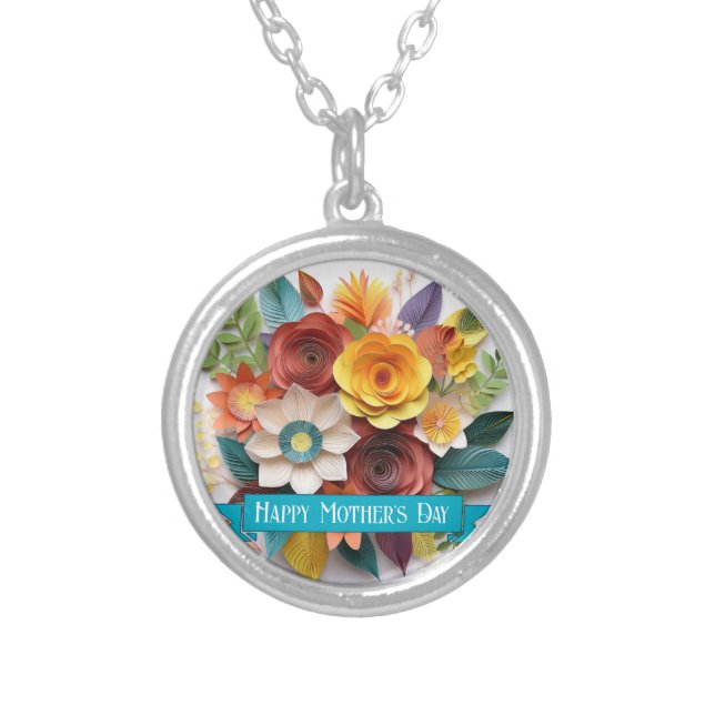 3D Paper Art Floral Mother's Day Silver Plated Necklace (Front)