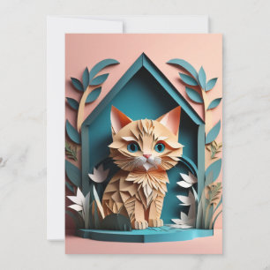 3D Paper Art Kitten Design T-shirt Invitation