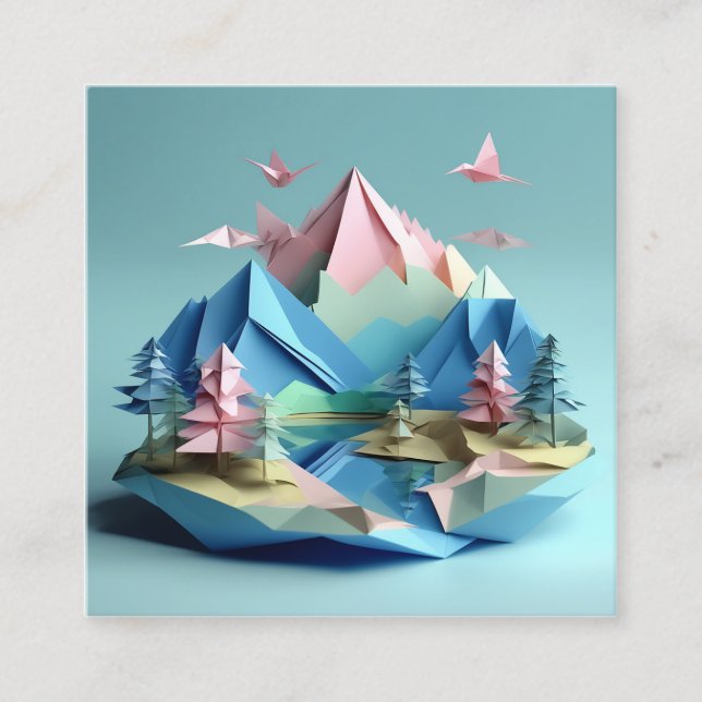  3d paper art, Lake scenery landscape, mountains,  Square Business Card (Front)