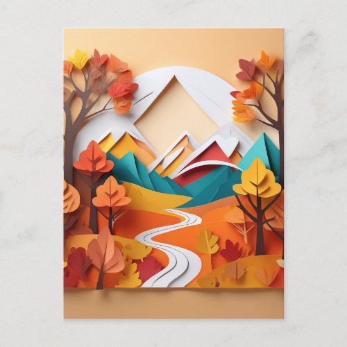  3d paper art Landscape in fall season in the sty Postcard