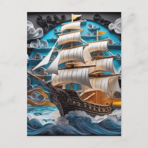  3d paper artsailing ship in stormy ocean holiday postcard