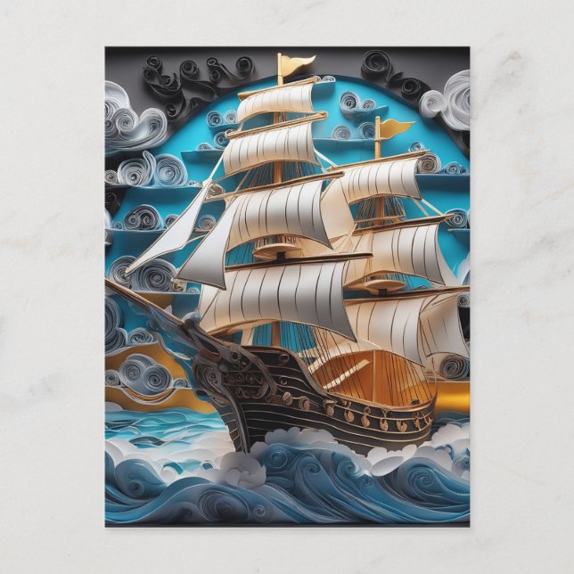  3d paper art,sailing ship in stormy ocean holiday postcard (Front)