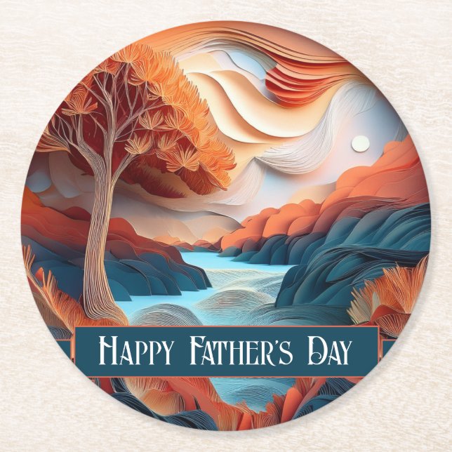 3D Paper Art Trees River Father's Day Round Paper Coaster (Front)