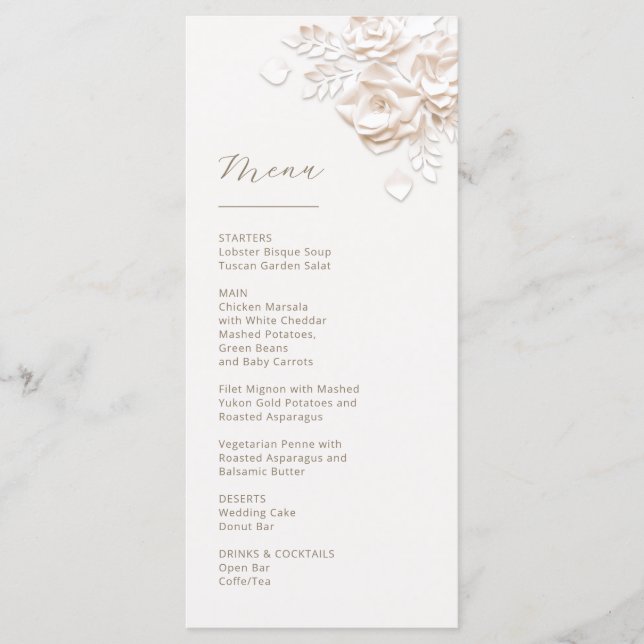 3D Paper Cut Beige Ivory Roses Menu (Front)