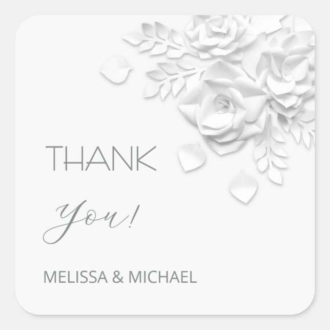 3D Paper Cut Roses Wedding Thank You Square Sticker (Front)