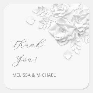 3D Paper Cut Roses Wedding Thank You Square Sticker