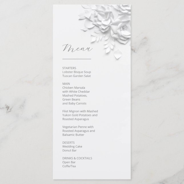 3D Paper Cut White Roses Menu (Front)