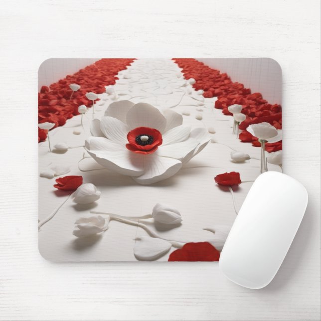 3D Paper Flower Art  Bold Red & White Design Mouse Pad (With Mouse)