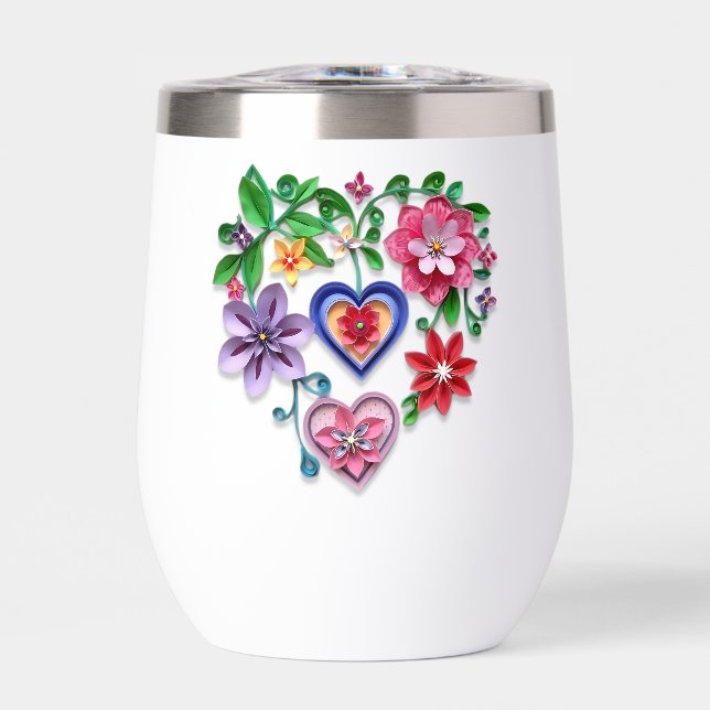 3D Paper Quilling Effect Floral Heart Thermal Wine Tumbler (Front)