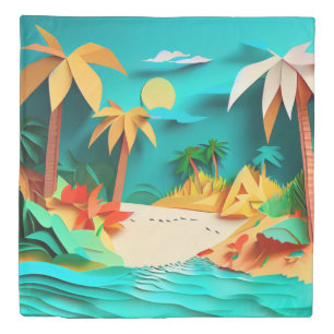 3D Papercraft Tropical Beach Duvet Cover