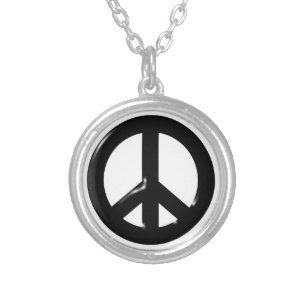 3D Peace Symbol Black Silver Plated Necklace