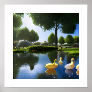 3D picture Beautiful ducks swimming in a pond Poster