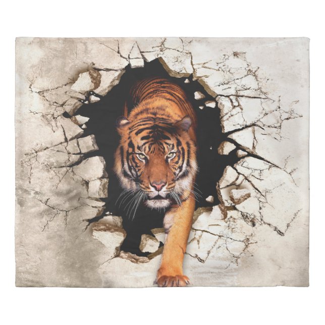 3d picture tiger emerges from the destroyed wallti duvet cover (Front)