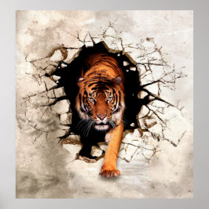 3d picture tiger emerges from the destroyed wallti poster