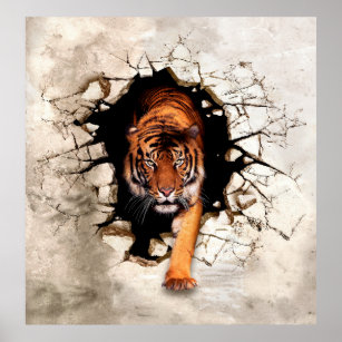 Poster 3D Tigre Andando Sobre a Neve 50x70cm com/sem Moldura