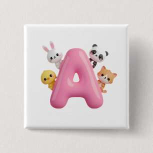 3D Pink Balloon Letter A Forest Animals Square But Button