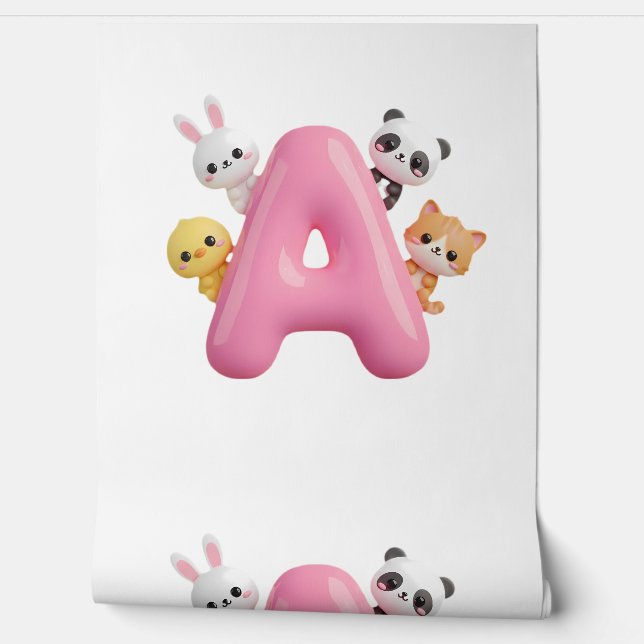 3D Pink Balloon Letter A Forest Animals Wallpaper (Unrolling)