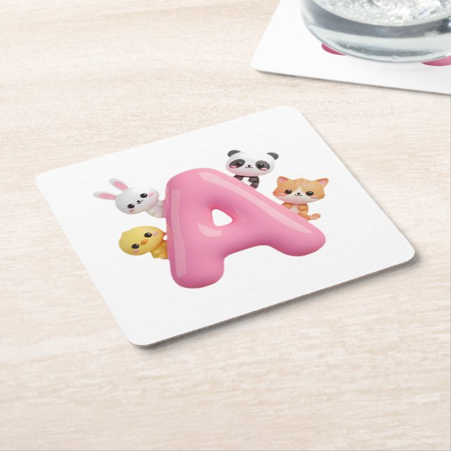 3D Pink Balloon Letter A Party Paper Coaster (Angled)