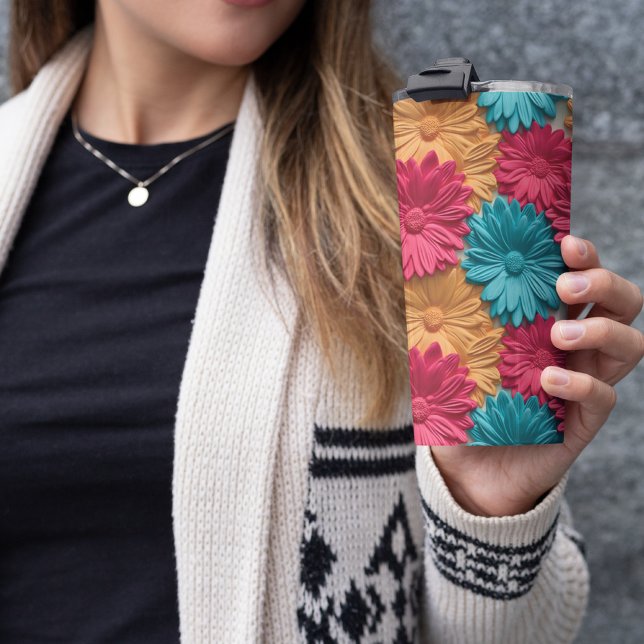 3D Pink Floral Thermal Tumbler (colorful 3D Gerbera Tumbler )