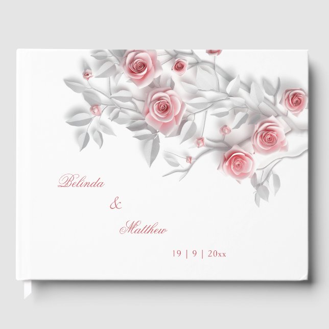 3D Pink Gray Roses | Wedding Guest Book (Front)