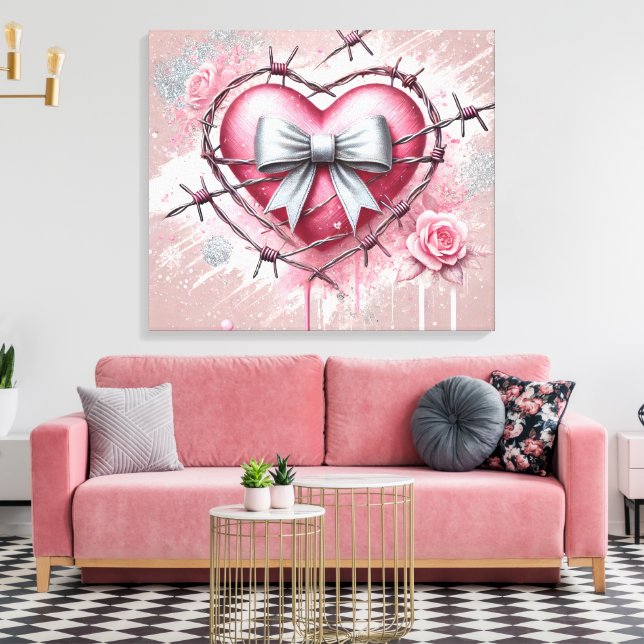 3D Pink Heart Canvas Print (Insitu(LivingRoom))