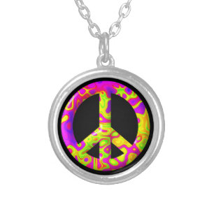 3D pink yellow psychedelic Peace Symbol Silver Plated Necklace
