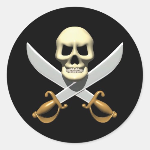 3D Pirate Skull and Crossed Swords Classic Round Sticker