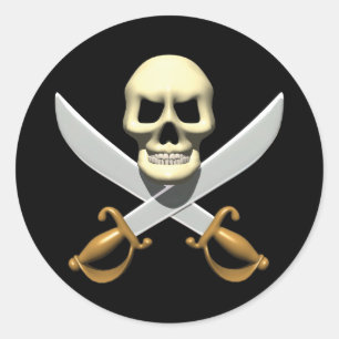 3D Pirate Skull and Crossed Swords Classic Round Sticker