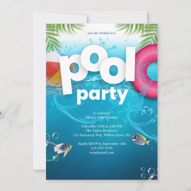 3D Pool Party Birthday Invitation (Front)