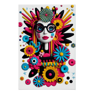 3D Pop Art Portrait – Colorful Abstract Woman with Poster