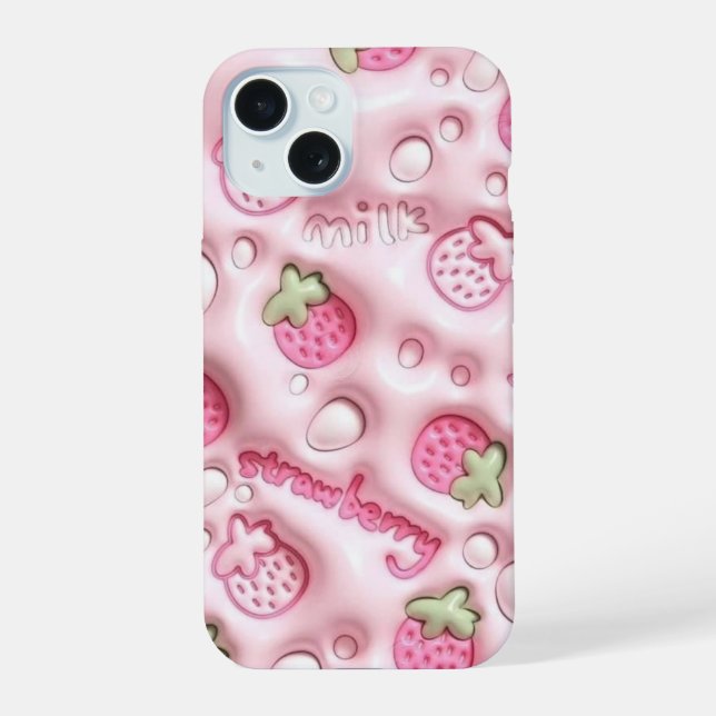3D Puffy Pink Strawberry and Milk Phone Case (Back)