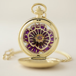 3D Purple Floral Rhinestone Timeless Elegance  Pocket Watch