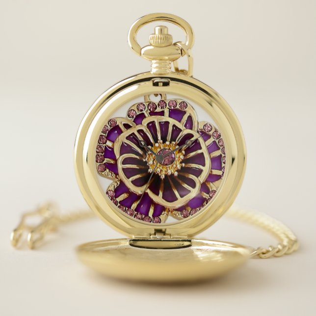 3D Purple Floral Rhinestone Timeless Elegance  Pocket Watch (Inside)