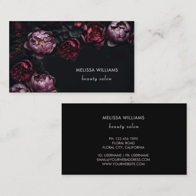 3D Purple Red Peonies Black Background Business Card (Front/Back)