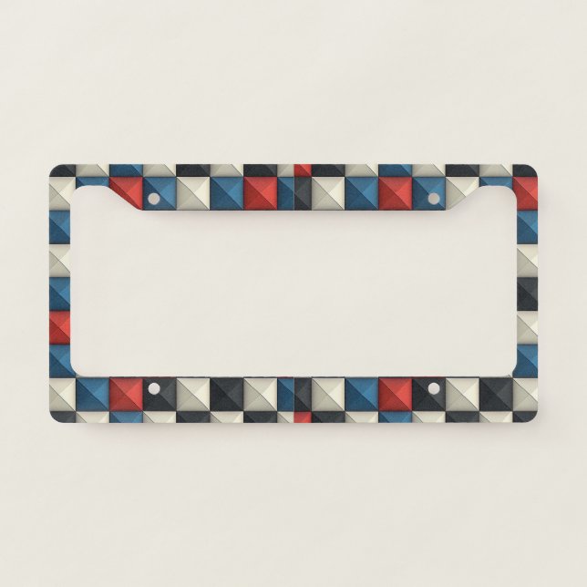 3D Pyramidal Geometric Pattern – Red, Blue & Cream License Plate Frame (Front)