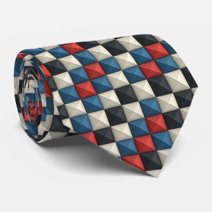 3D Pyramidal Geometric Pattern – Red, Blue & Cream Neck Tie