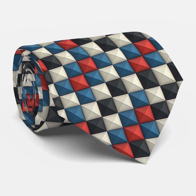 3D Pyramidal Geometric Pattern – Red, Blue & Cream Neck Tie (Rolled)