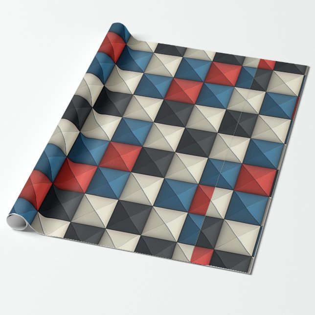 3D Pyramidal Geometric Pattern – Red, Blue & Cream Wrapping Paper (Unrolled)