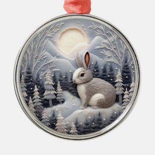 3D Rabbit in Snow Woodland Chirstmas Metal Ornament
