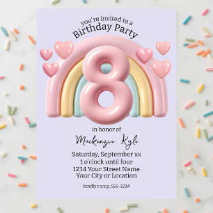 3D Rainbow 8th Birthday Party For Girl Purple Invitation