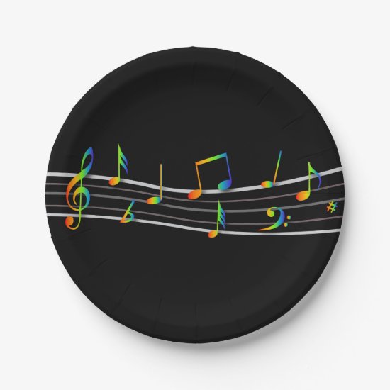 3D Rainbow Musical Notes Score on Black Paper Plate