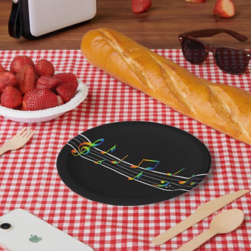 3D Rainbow Musical Notes Score on Black Paper Plates